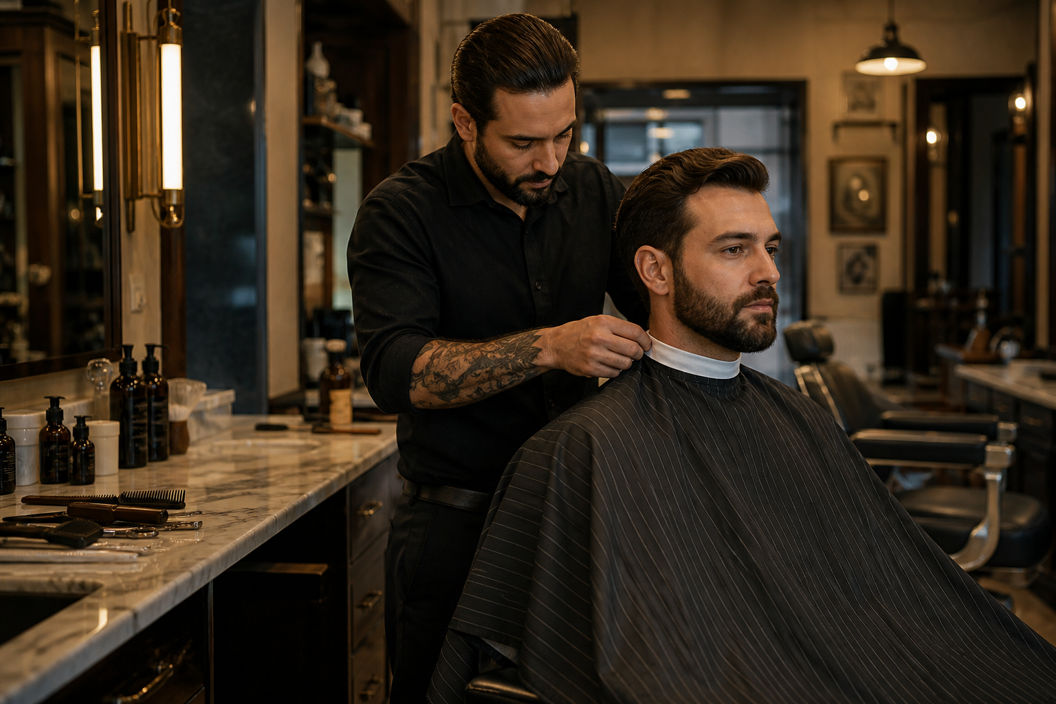 Barber preparing a client